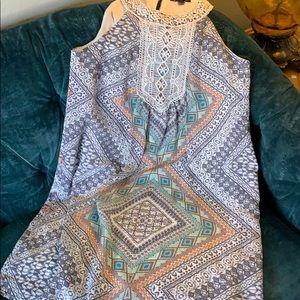 2/$15 Printed dress with crocheted neck/chest